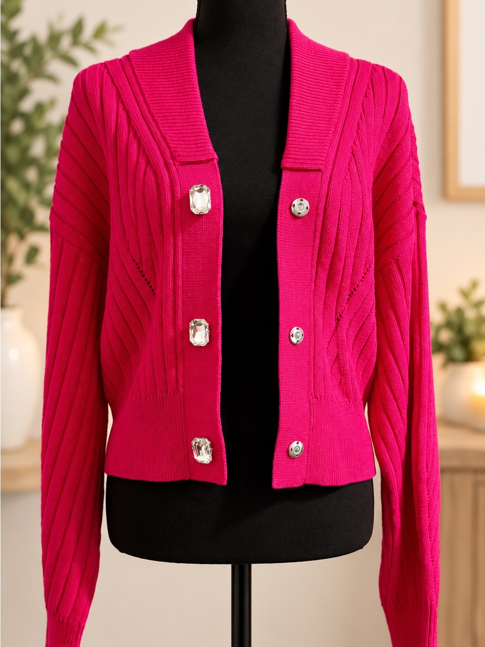 VENUS Hot Pink Bejeweled Button Cropped Cardigan Sweater M